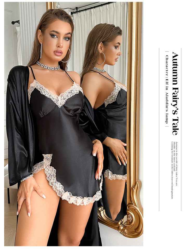 Satin Robe Set - Long Sleeve Robe and Slip Nightdress