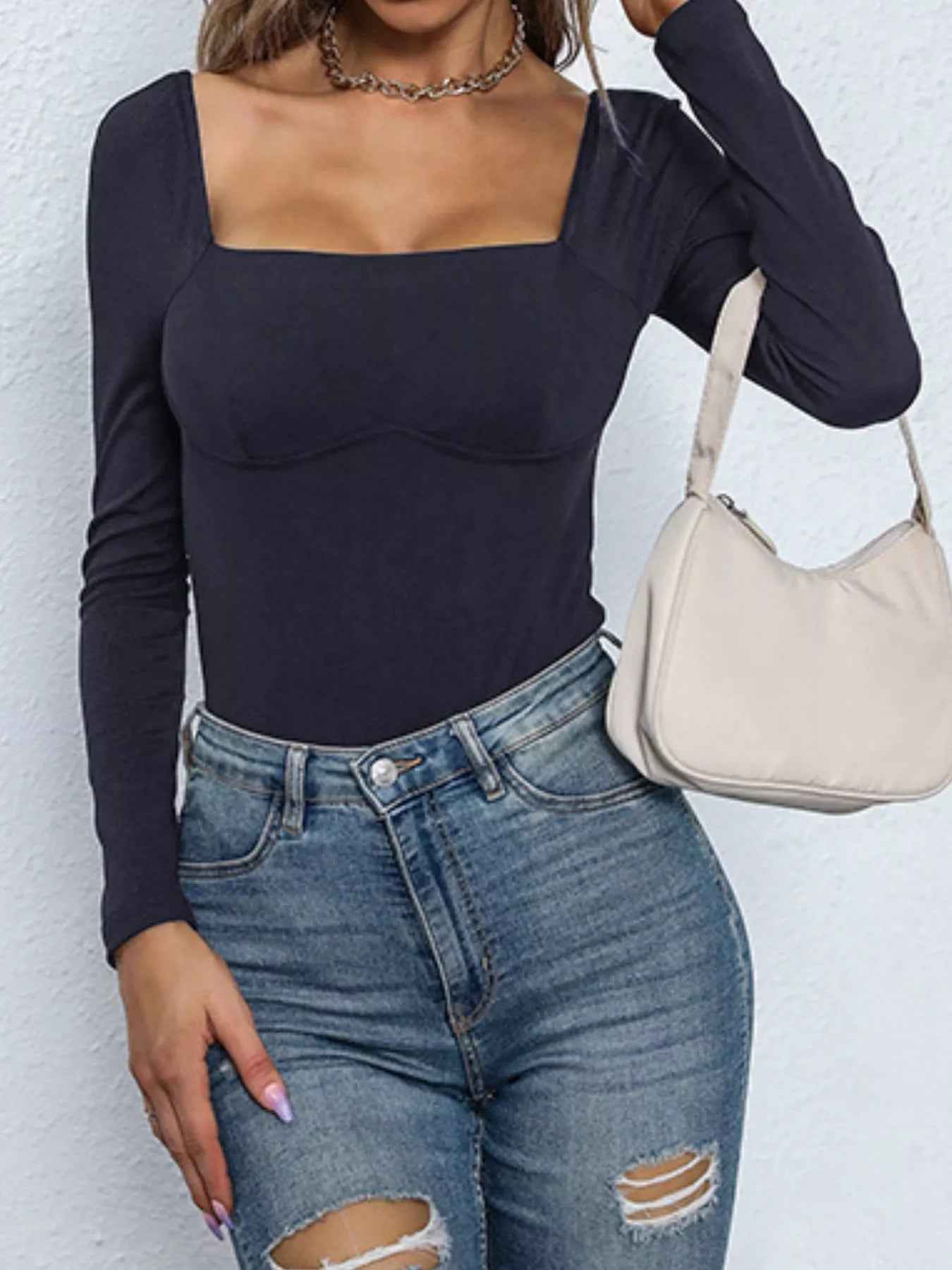 Square Neck Long Sleeve Bodysuit - Fashions Envy