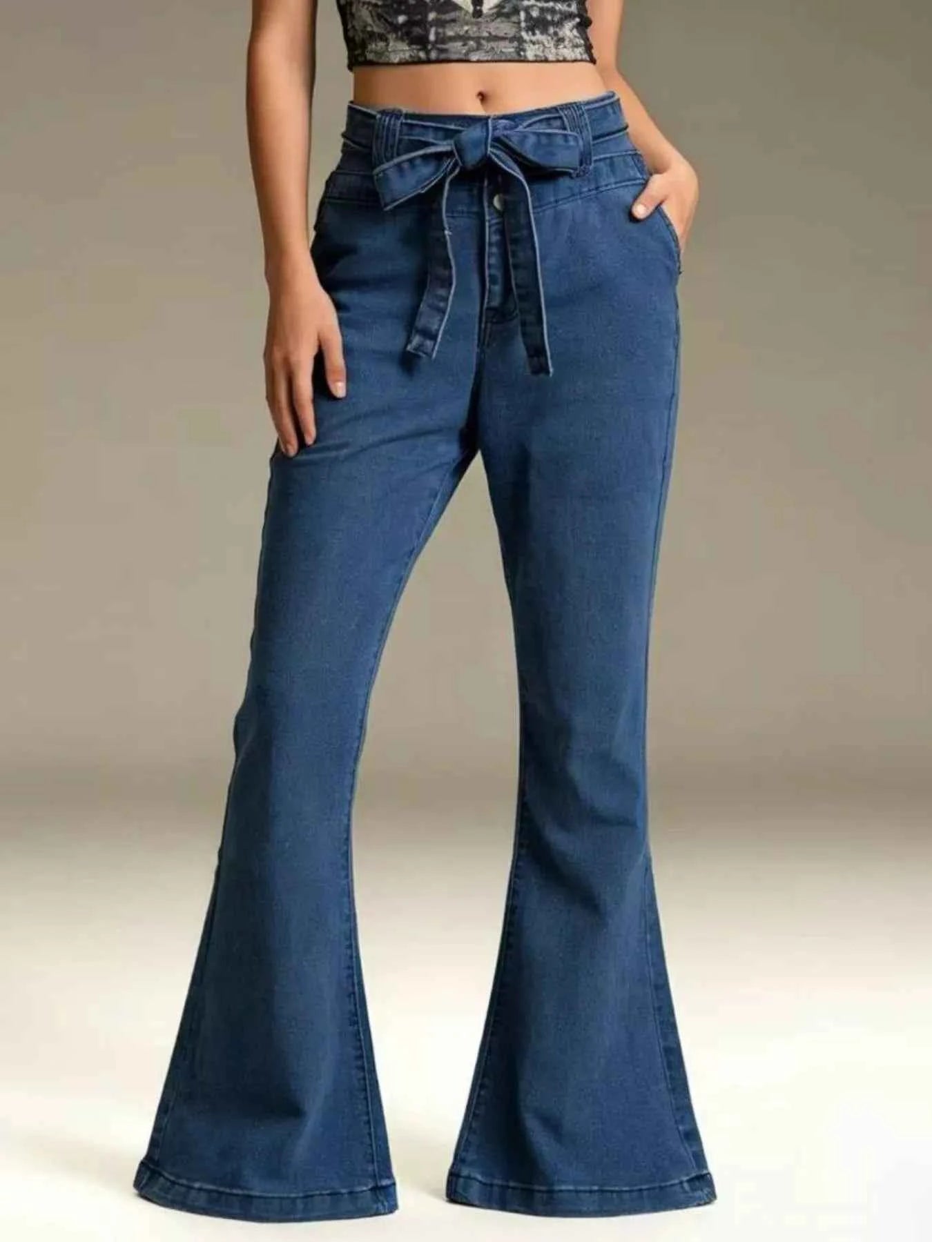 Bow-Tie High-Waisted Flare Jeans