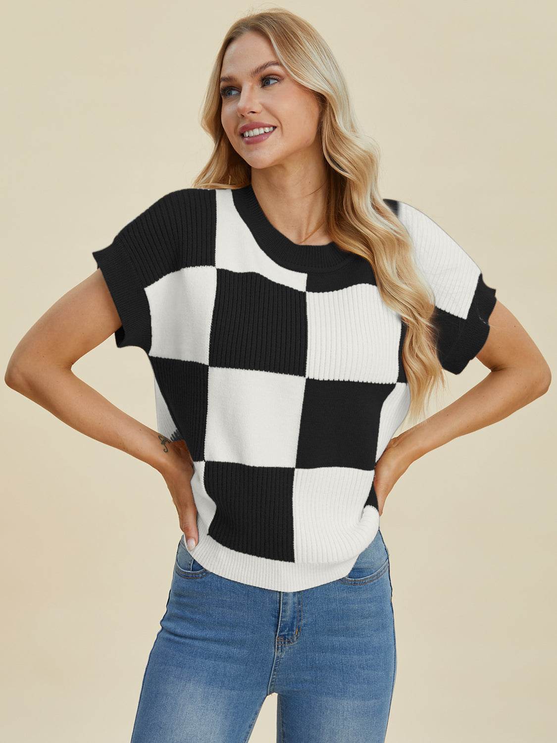 Double Take Full Size Checkered Round Neck Short Sleeve Sweater - Fashions Envy
