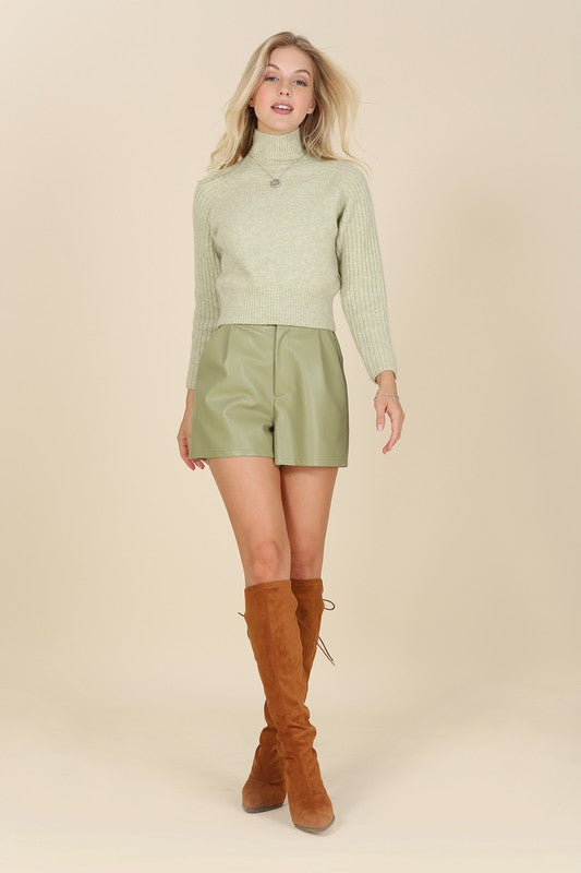 Pintuck Vegan Wide Elastic Band Leather Mini Shorts