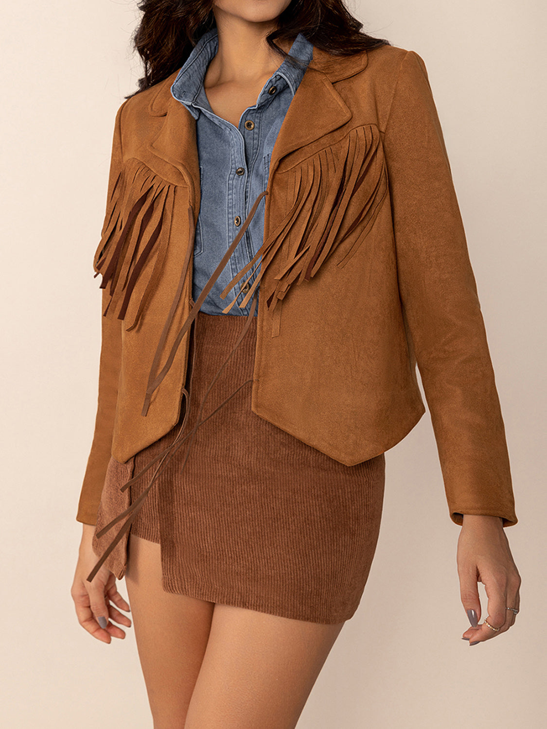 Caramel Tied Tassel Collared Neck Long Sleeve Jacket