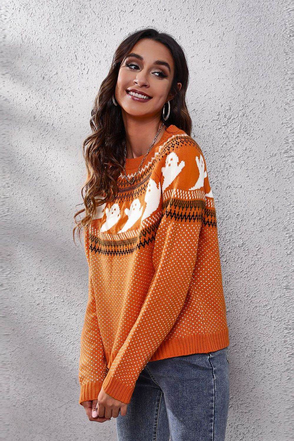 Ghost Pattern Round Neck Long Sleeve Sweater - Fashions Envy
