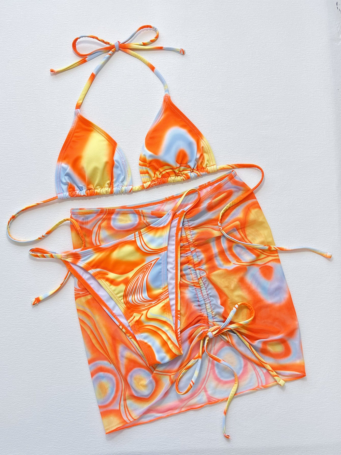 Women's Orange Fission Three-piece Bikini Swimsuit with Mini Skirt Cover Up