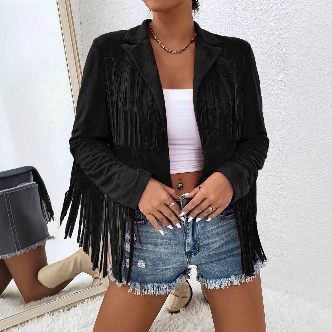 Women's Black V-Neck Fringe Jacket - Long Sleeve Short Coat