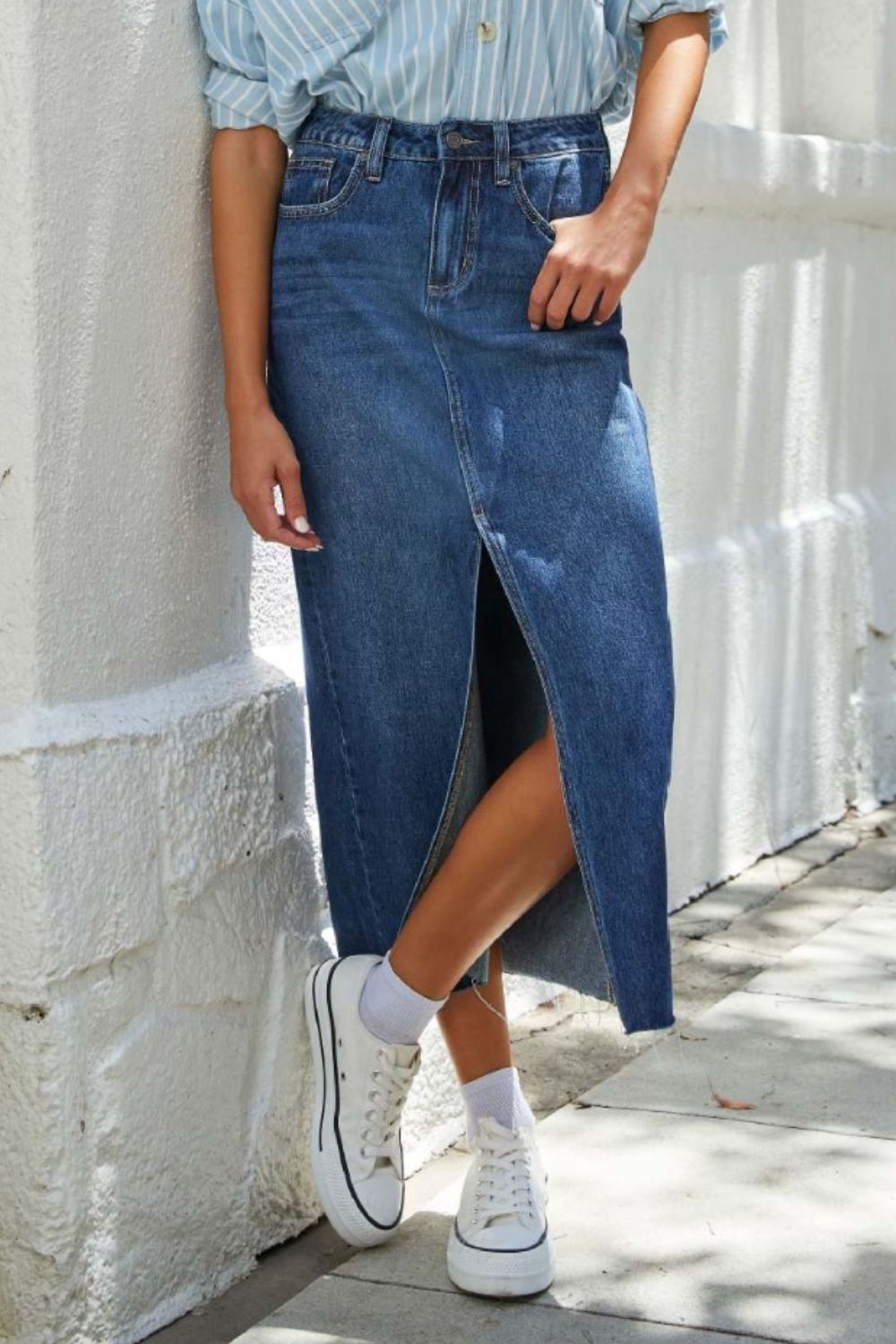 Slit Raw Hem Midi Denim Skirt - Fashions Envy