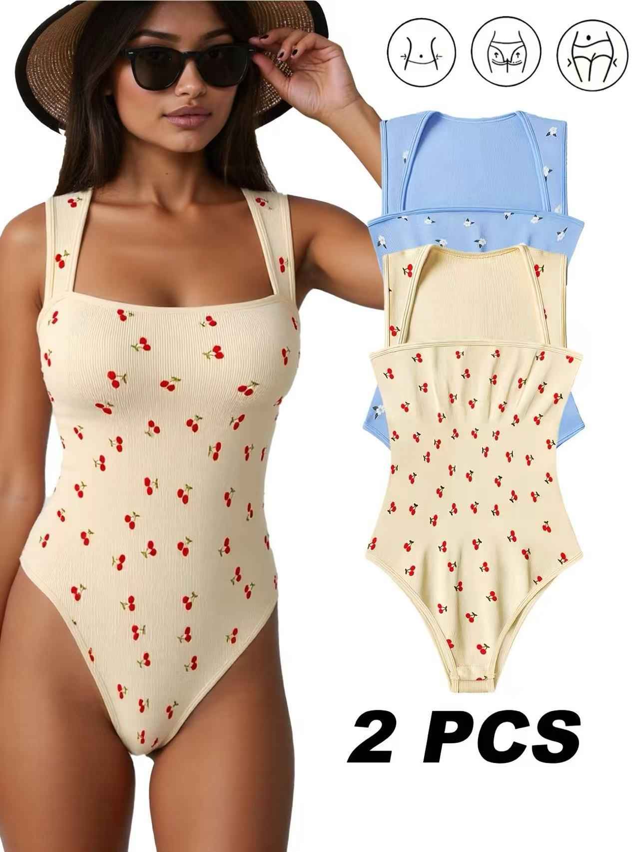 Square Neck Two Pack Bodysuit - High-Waist Vintage Print