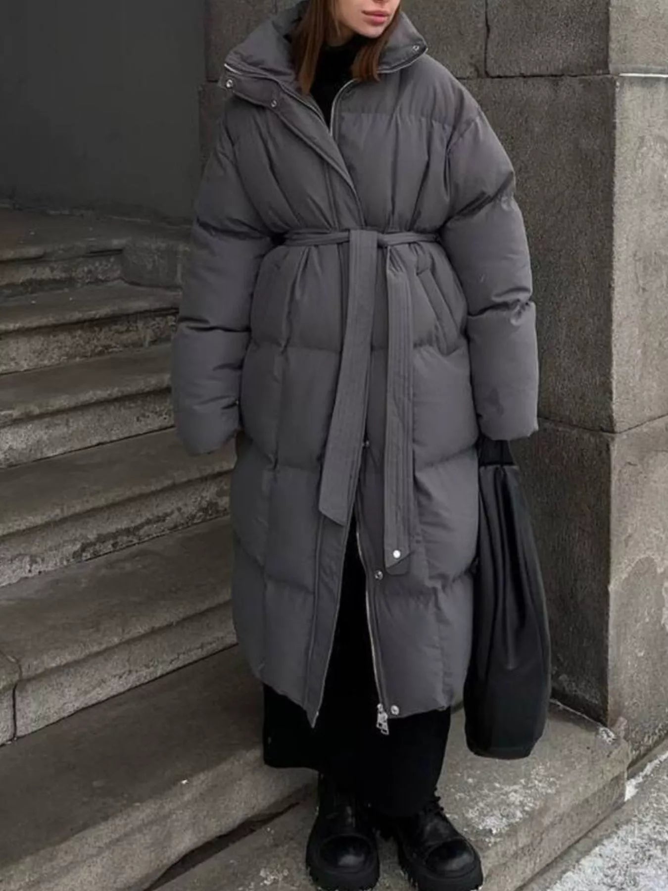 Longline Winter Coat - Padded with Belt - Fashions Envy