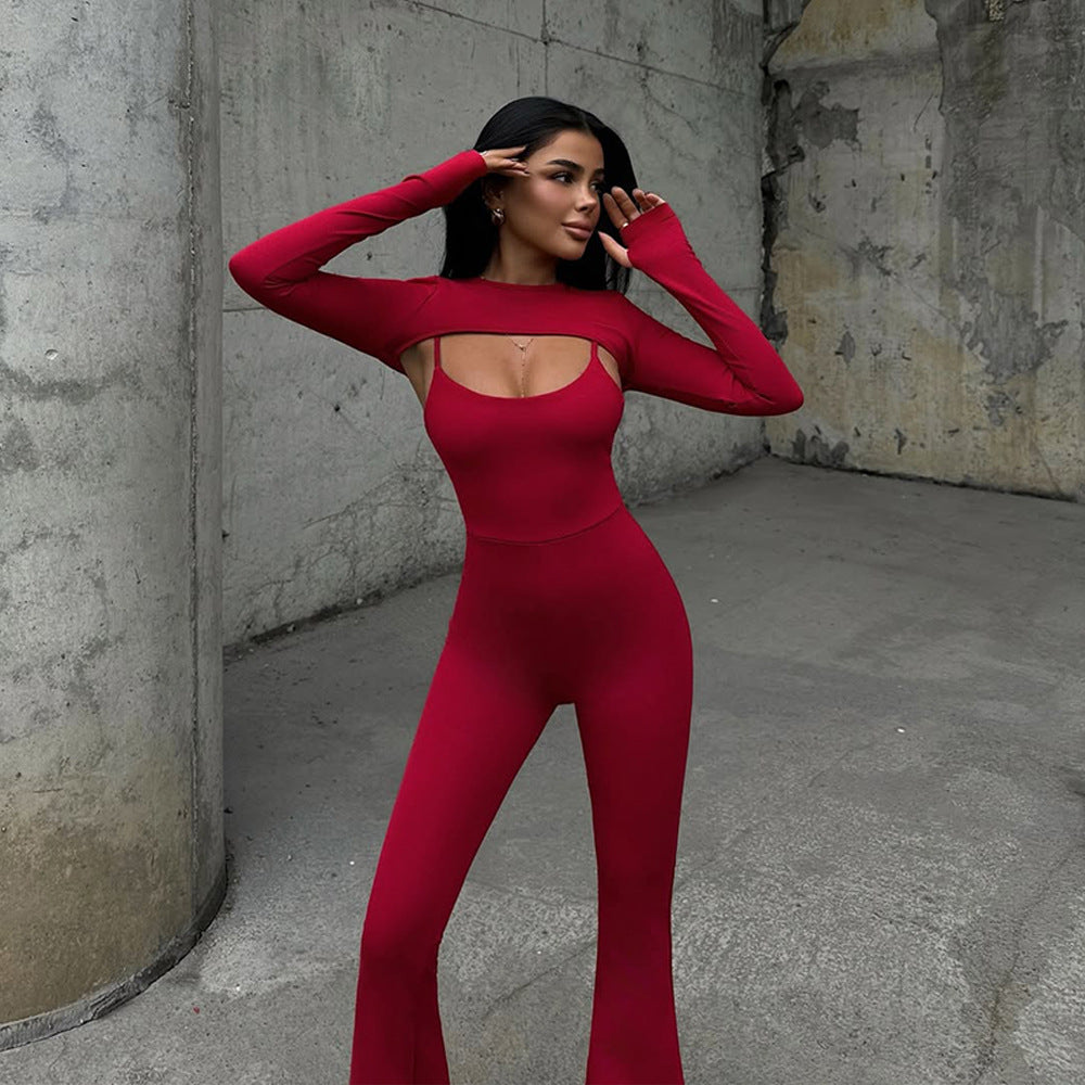 Long Sleeve Jumpsuit Set - Round Neck Tight Two-Piece
