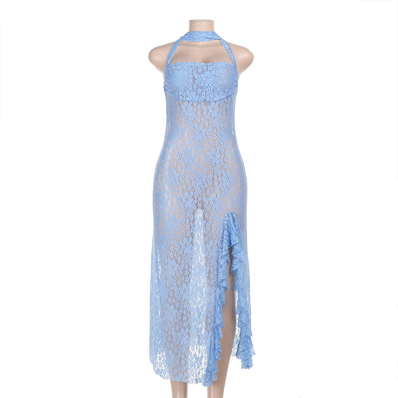Lace Halter Maxi Dress - Sleeveless Style