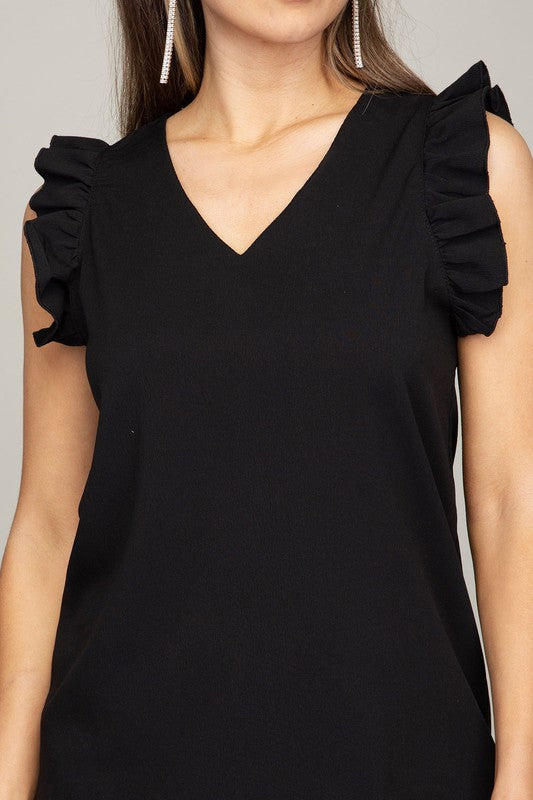 V-Neck Ruffle Short Sleeve Textured T-Shirt
