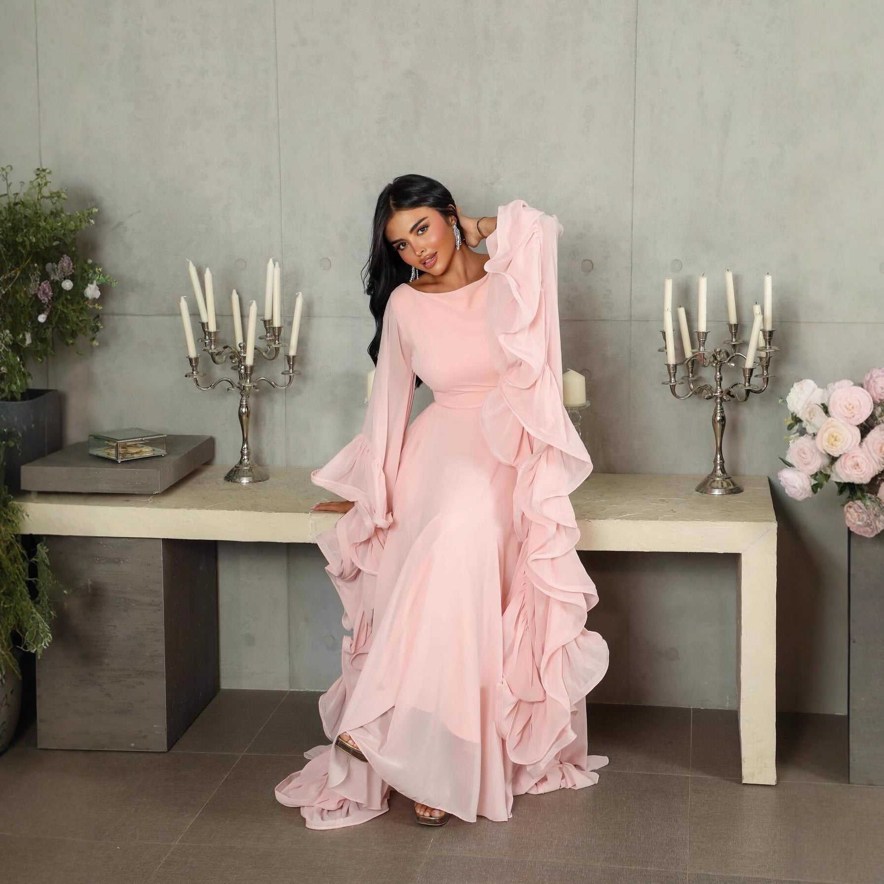 Pink Tulle Prom Gown - Long Sleeve A-Line Ball Dress