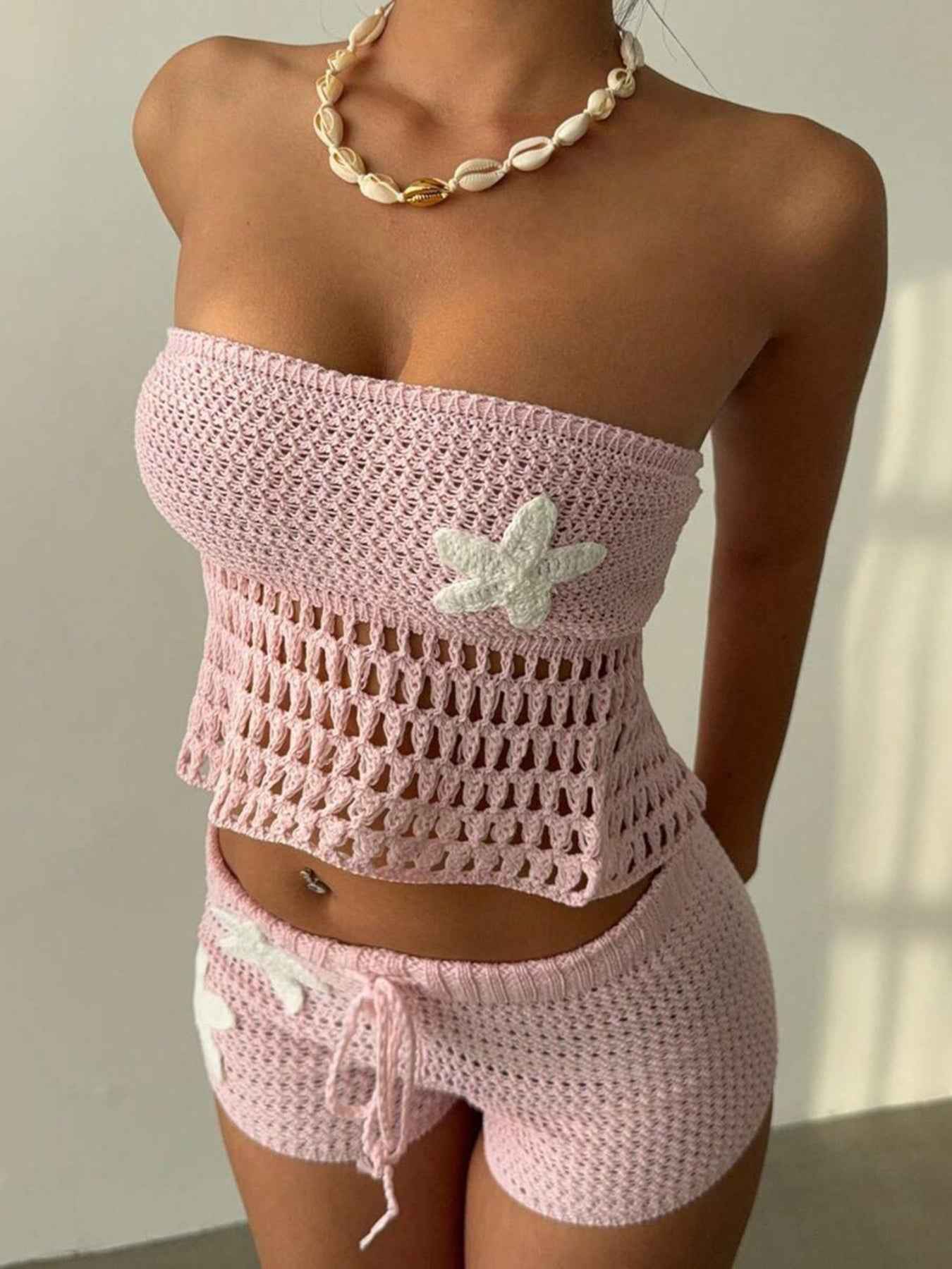 Crochet Tube Top and Shorts Sweater Set