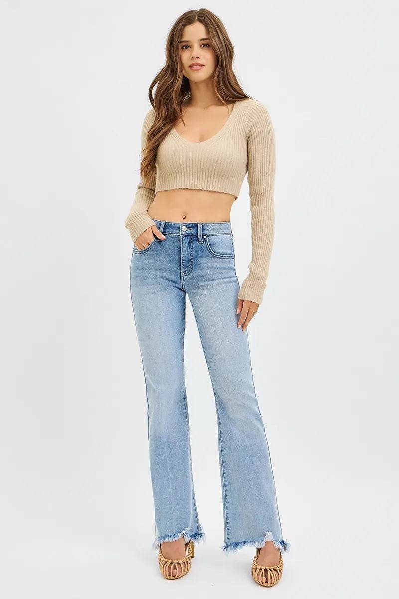 RISEN Full Size Tummy Control Mid Rise Flare Jeans with Fray Hem Detailed Plus Size - Fashions Envy