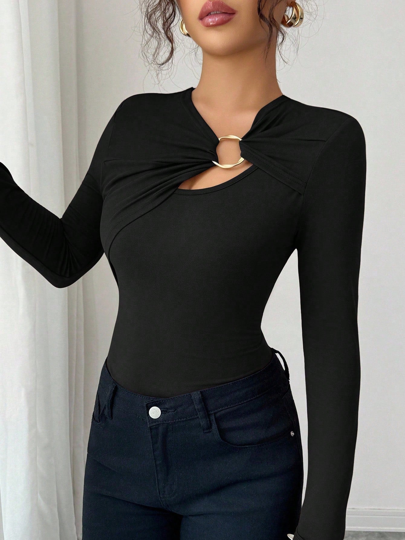 Asymmetric Top - Hollow-Out Metal Decorated Slim Fit