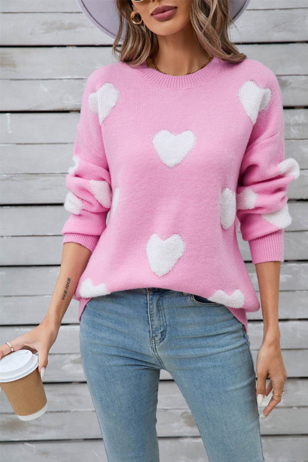 Angel Wings Heart Round Neck Long Sleeve Sweater - Fashions Envy