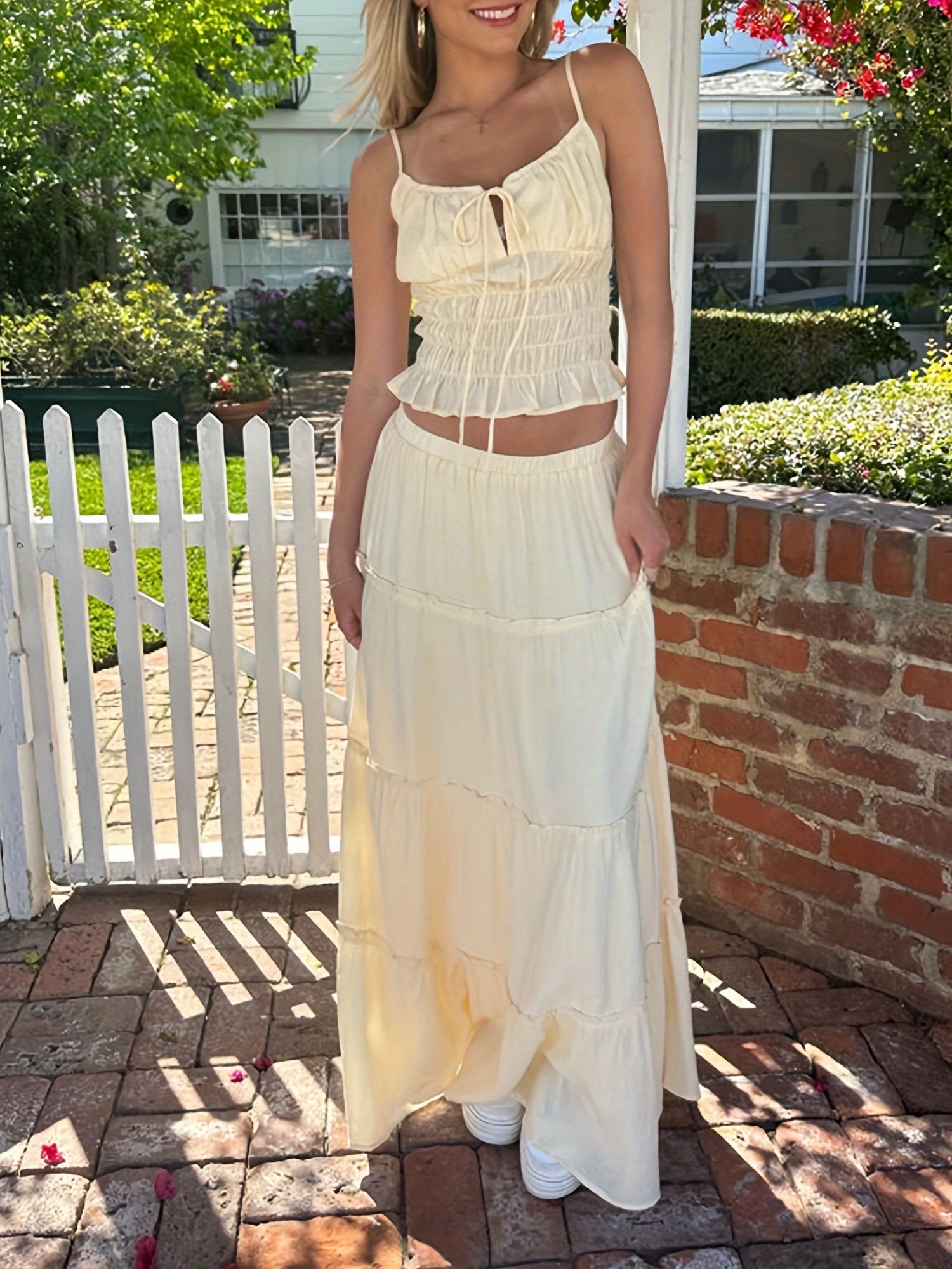 Light Yellow Ruched Tie-Up Front Sleeveless Cami Top & Maxi Skirt Outfit Set