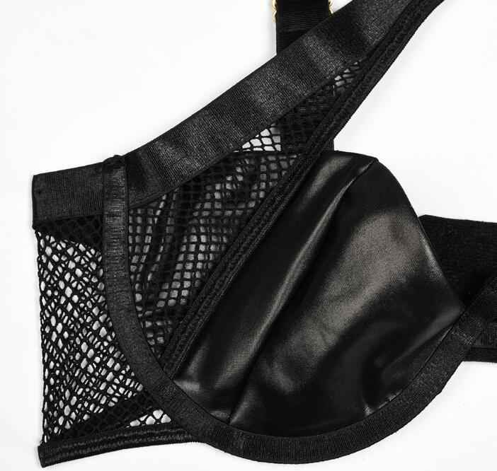 Mesh Lingerie Set - Black Bra Thong Garter Belt Three Piece