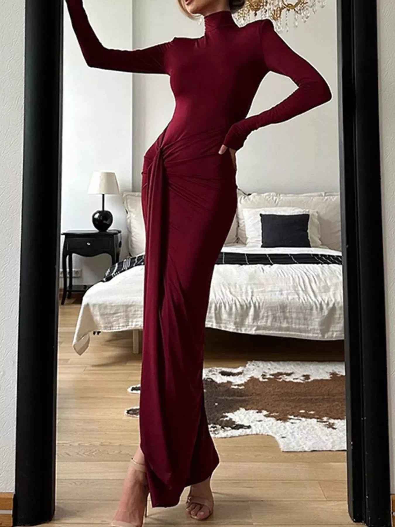 Turtleneck Maxi Dress - Long Sleeve Slit Tie Waist Style - Fashions Envy