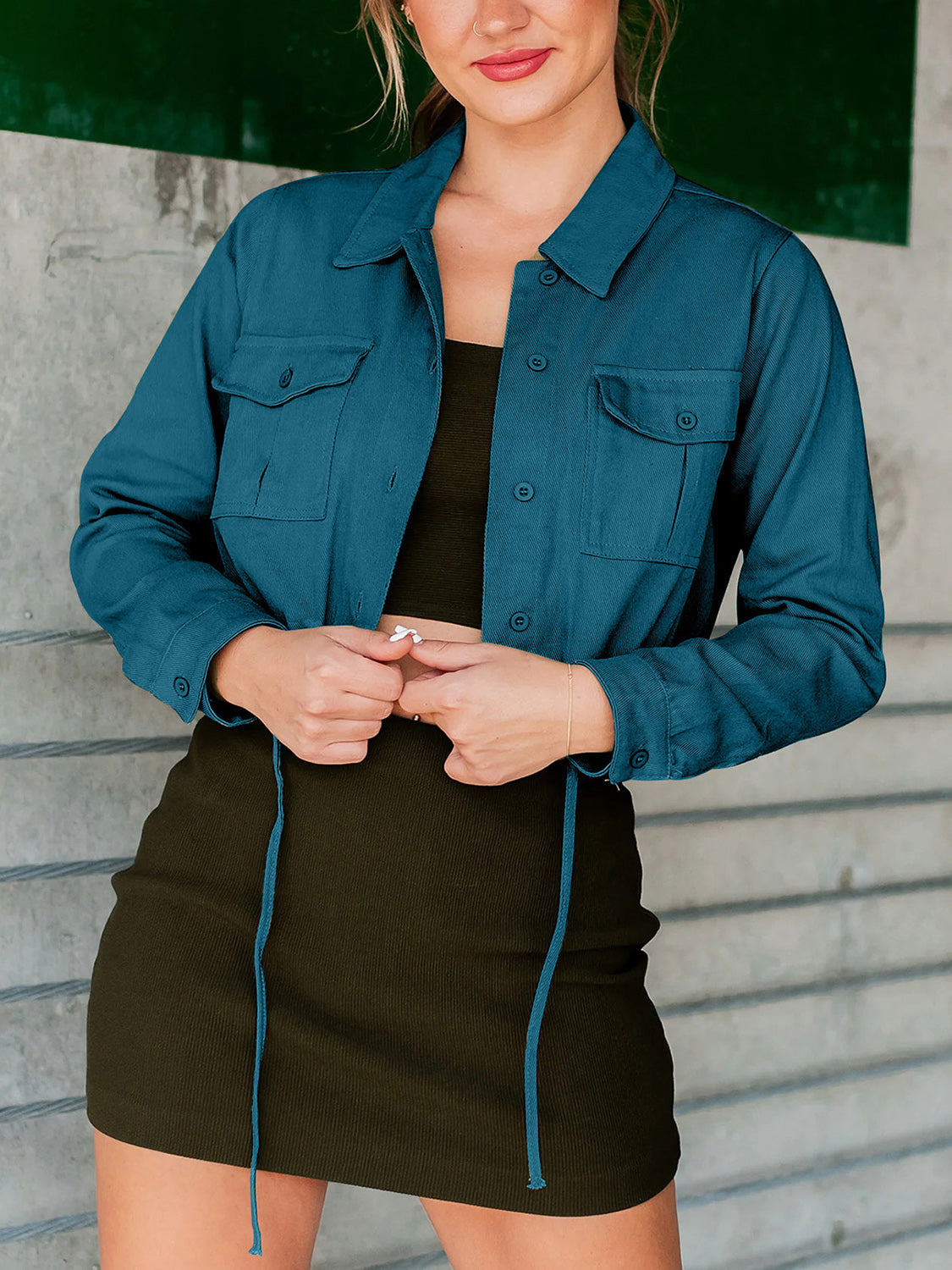 Cropped Button Up Long Sleeve Jacket