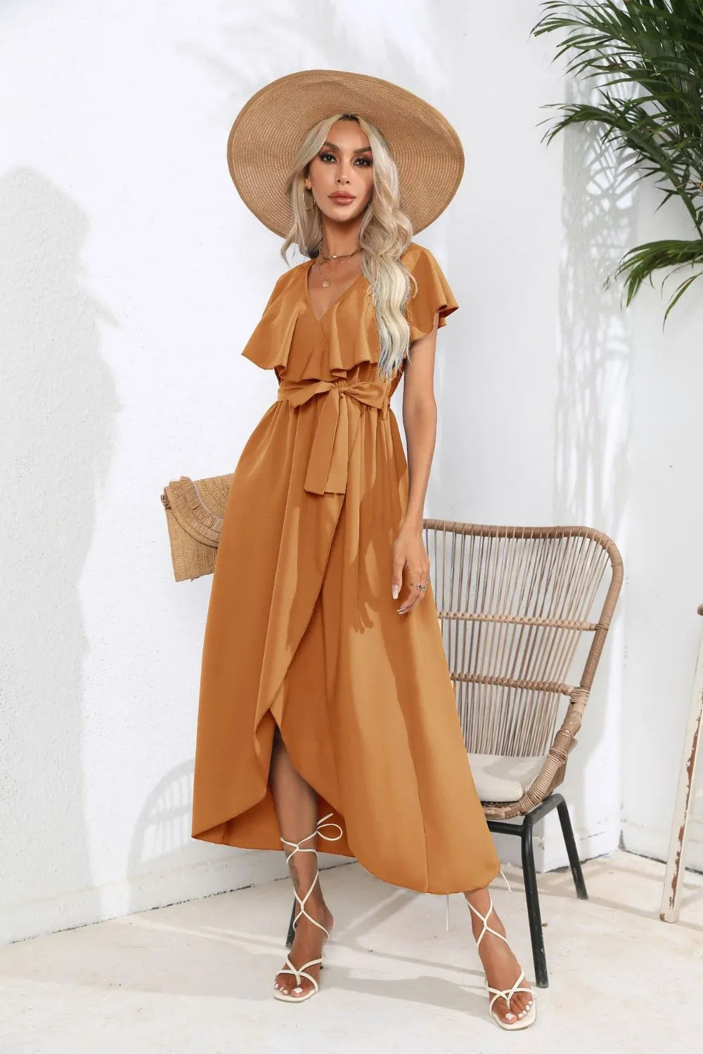 Tied Front Midi Dress - Ruffle Short Sleeve Slit Hem