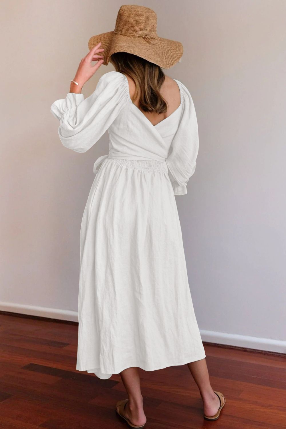 Smocked Square Neck Flounce Sleeve Midi Dress