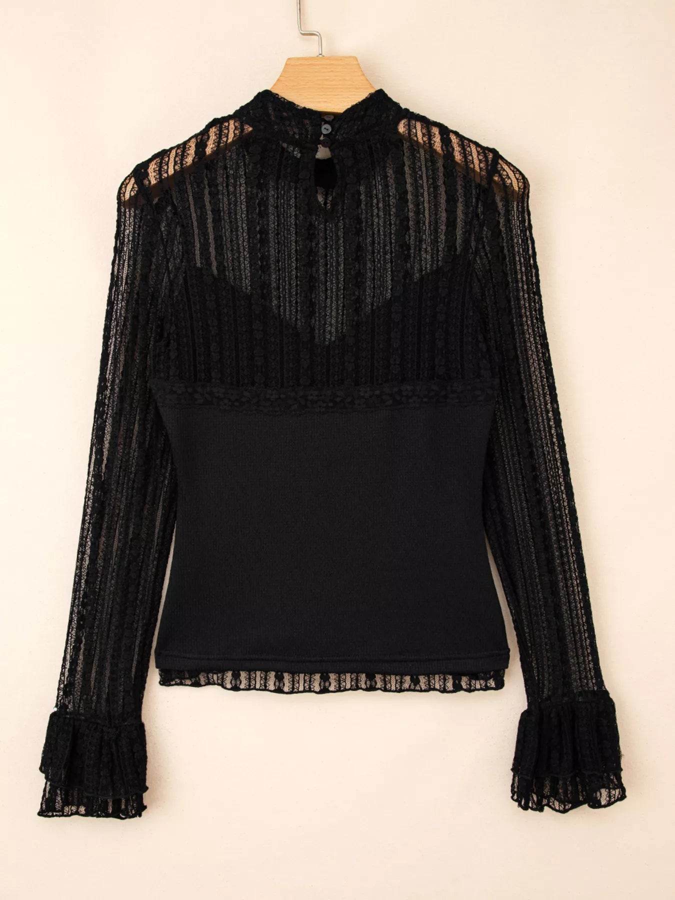 Lace Patchwork Flounce Sleeve Slim Fit Top - Romantic Ruffled Blouse - Fashions Envy