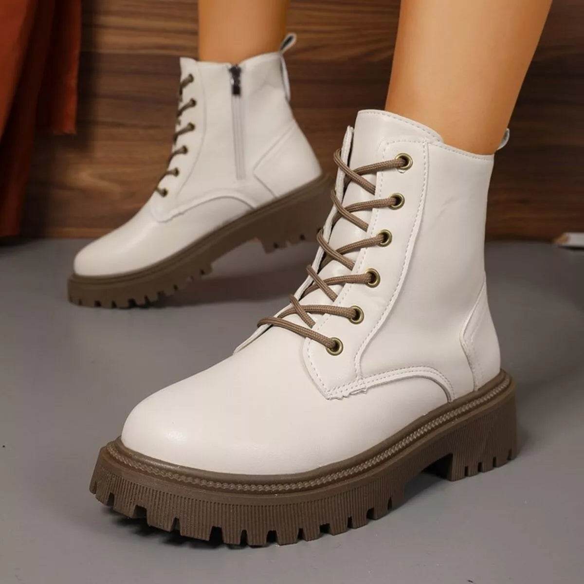 Lace Up Round Toe Boots - Mid Heel Ankle Boots - Fashions Envy