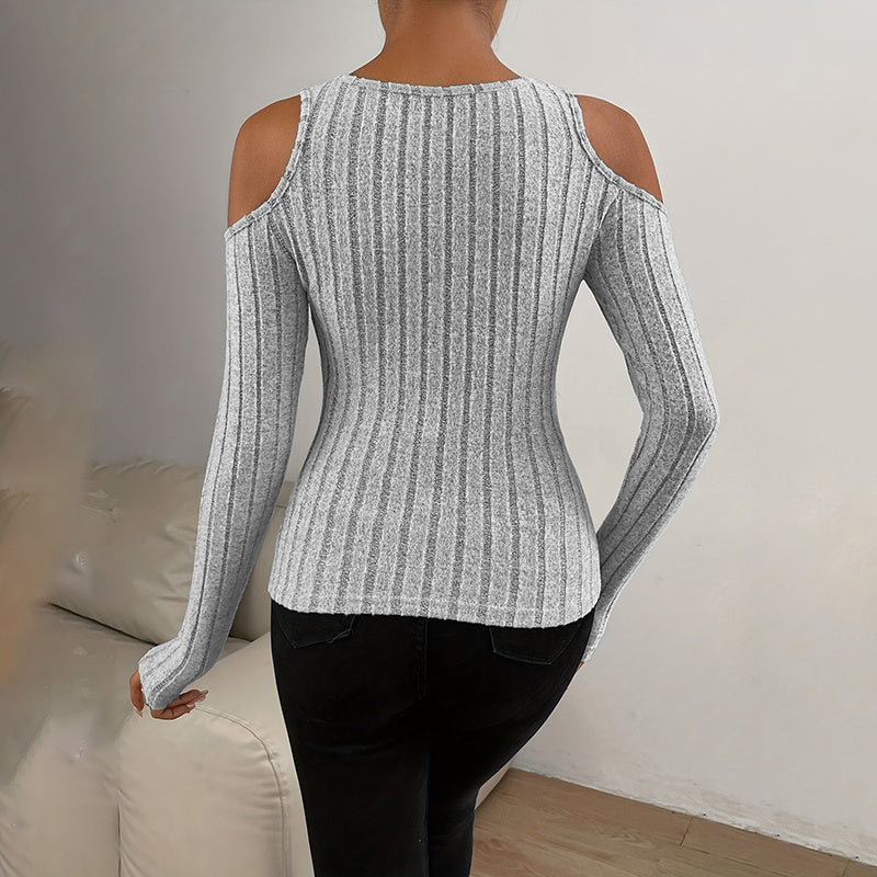 Cold Shoulder Ribbed Top - Cutout Long Sleeve Top