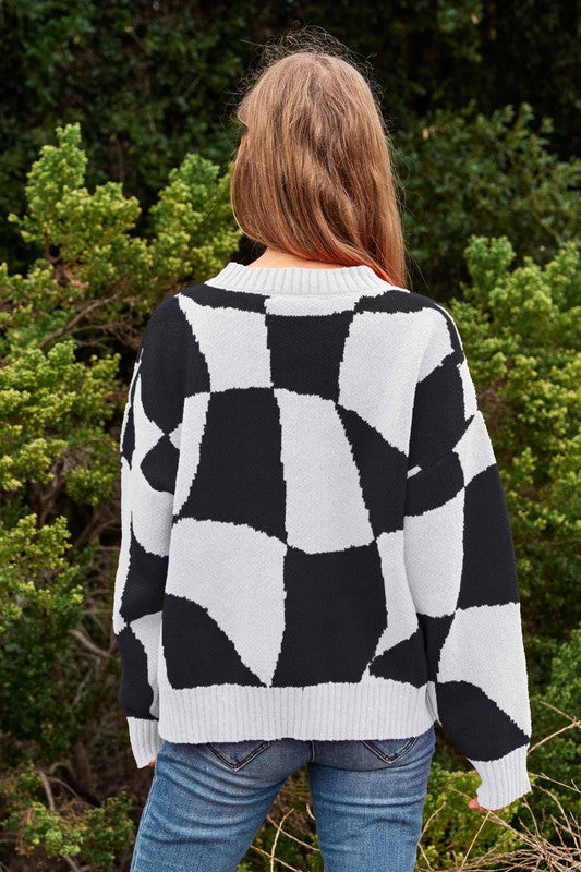 Oversized Multi Geo Checker Pullover Knit Sweater