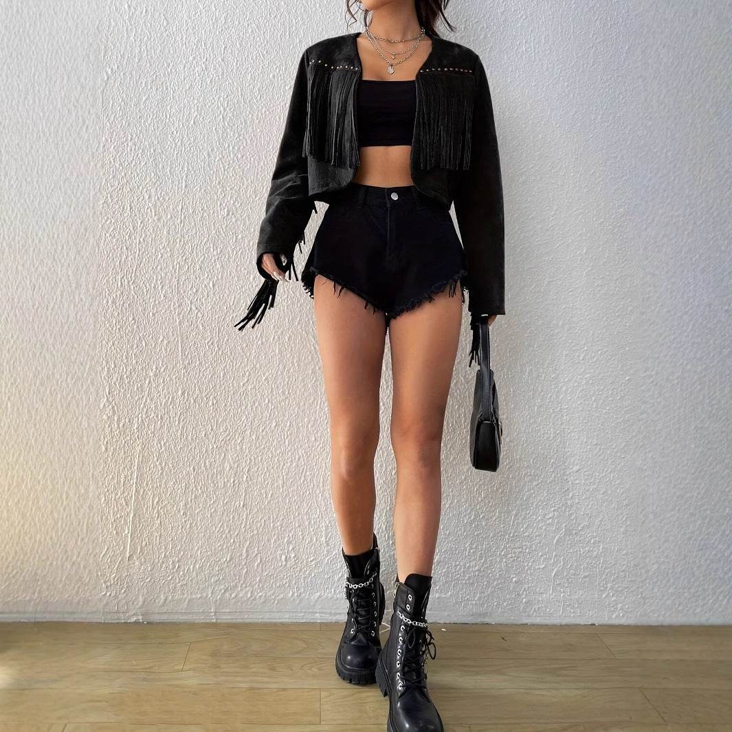 Women's Black Tassel Rivet Front Open Jacket - Short Coat