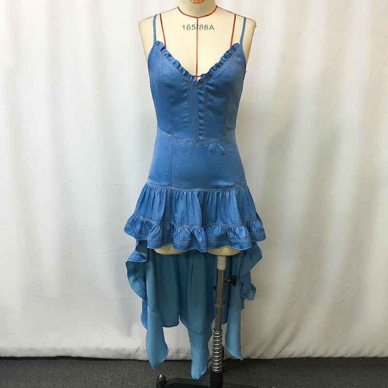 Ruffled High-Low Dress - Crisscross Back Spaghetti Strap - Fashions Envy