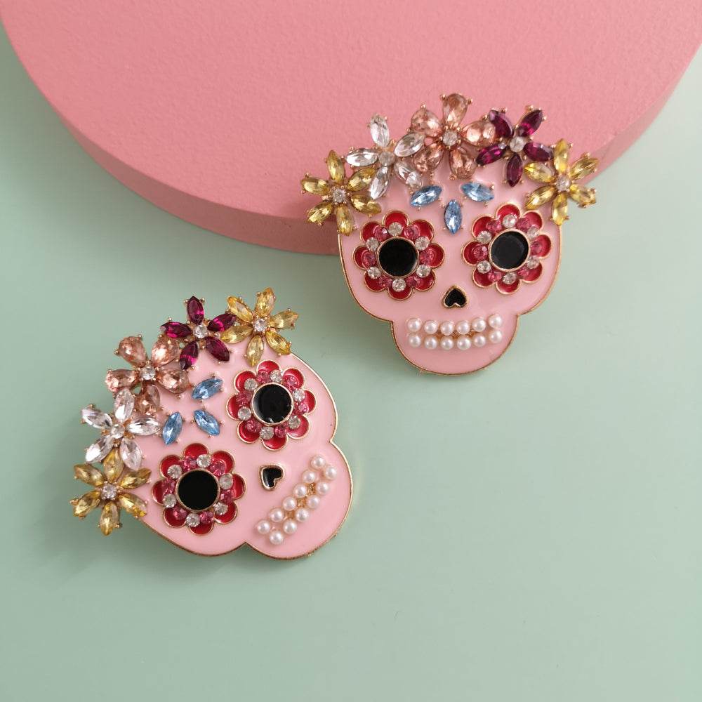 Skull Rhinestone Alloy Earrings - Fashions Envy