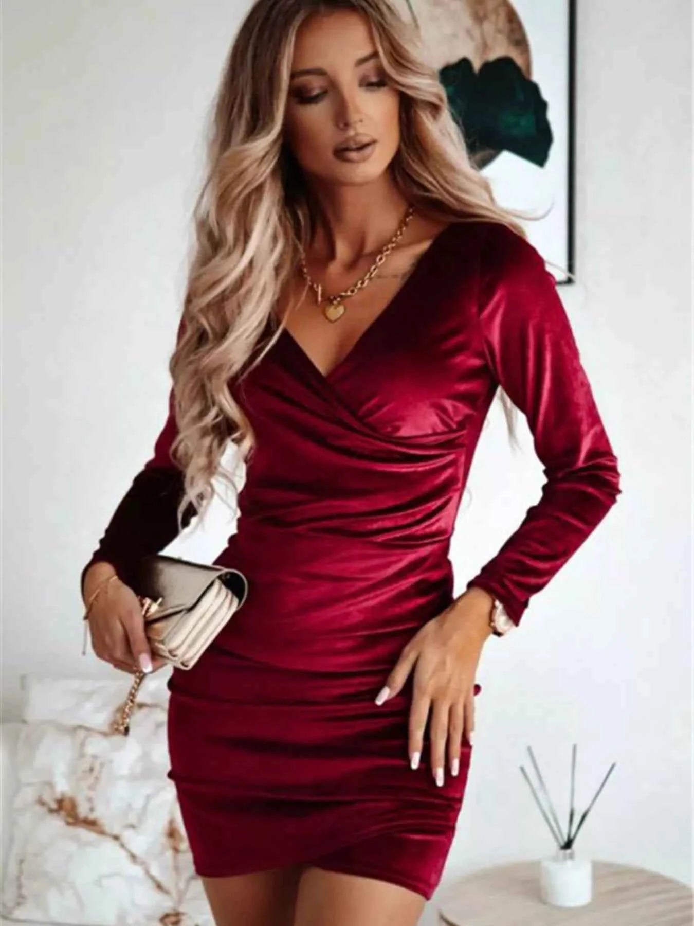 Velvet Bodycon Mini Dress - Ruched Party Style