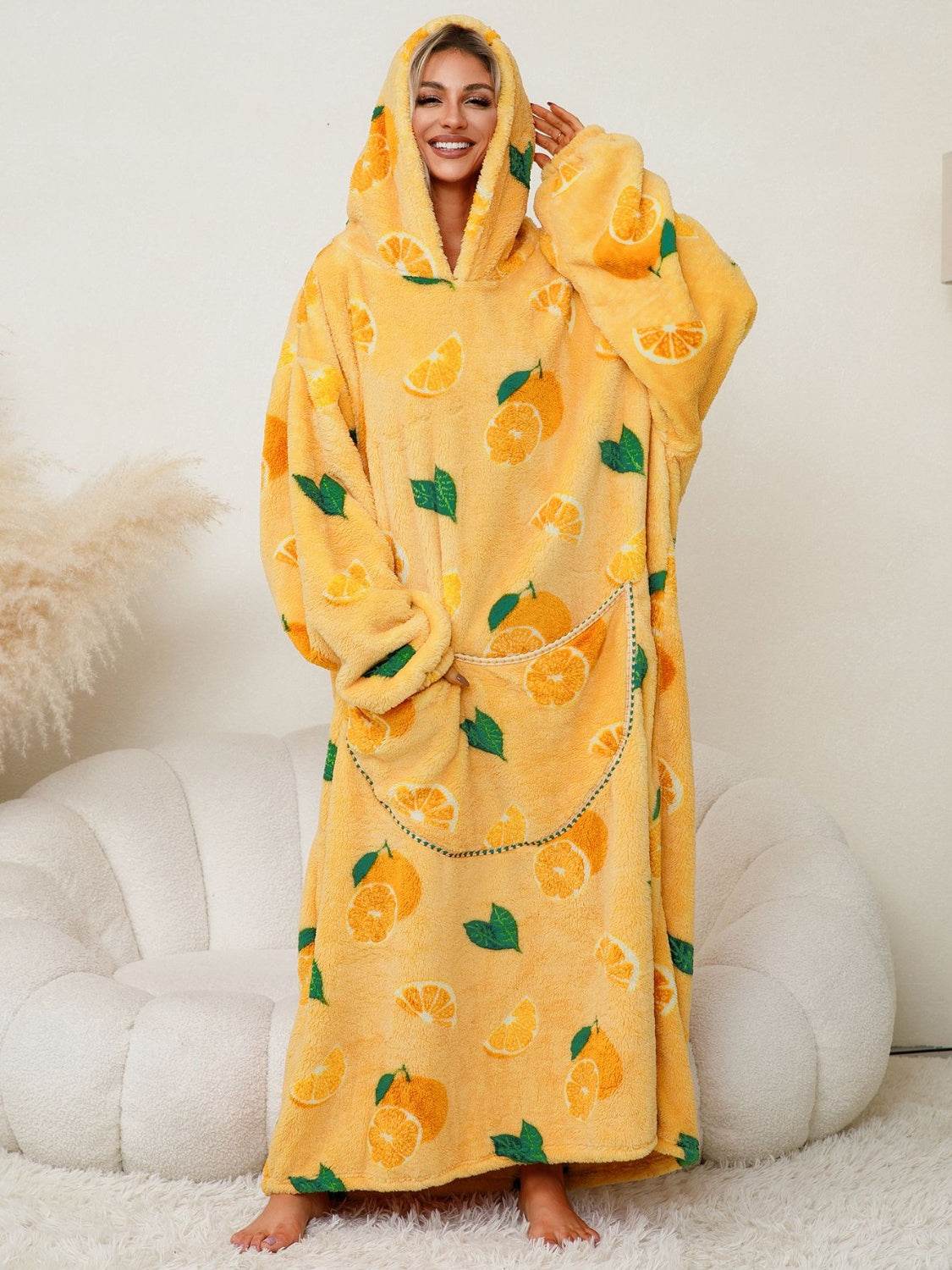 Fuzzy Pocketed Long Sleeve Hooded Lounge Dress - Fashions Envy