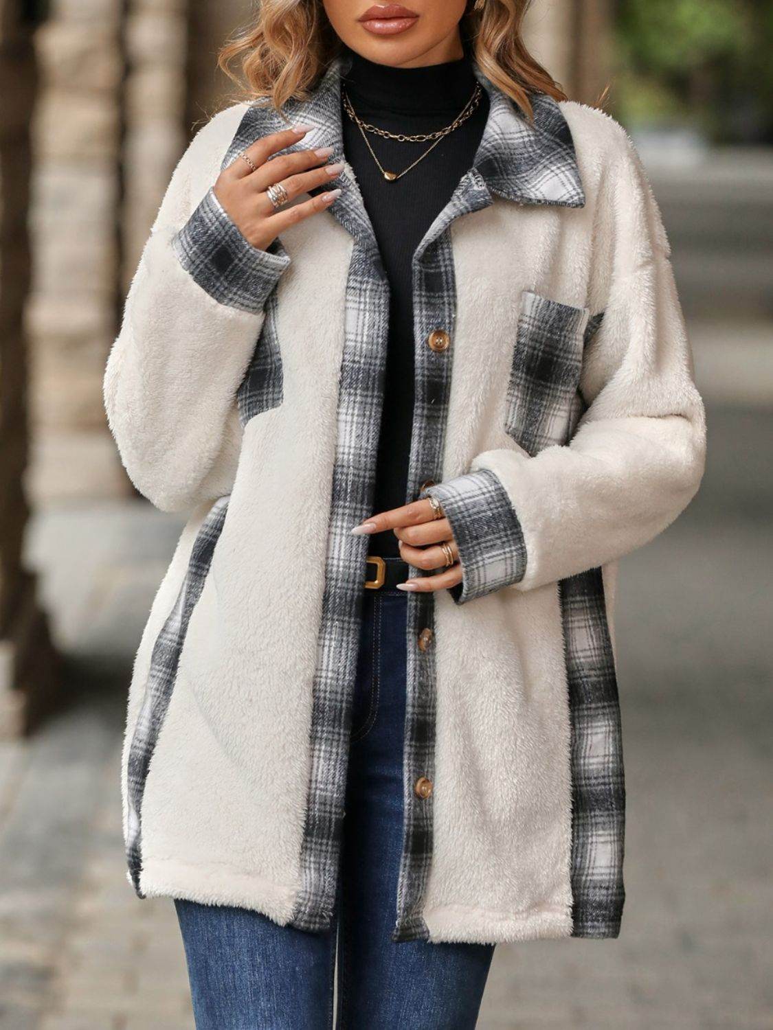 Plaid Contrast Dropped Shoulder Coat - Fashions Envy