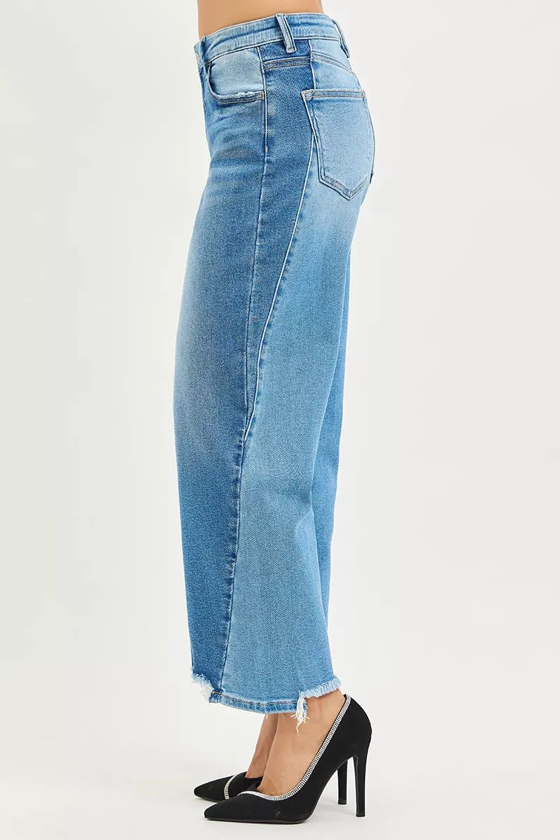 RISEN Slouchy Cropped Barrel Jeans - Contrast Wash - Fashions Envy