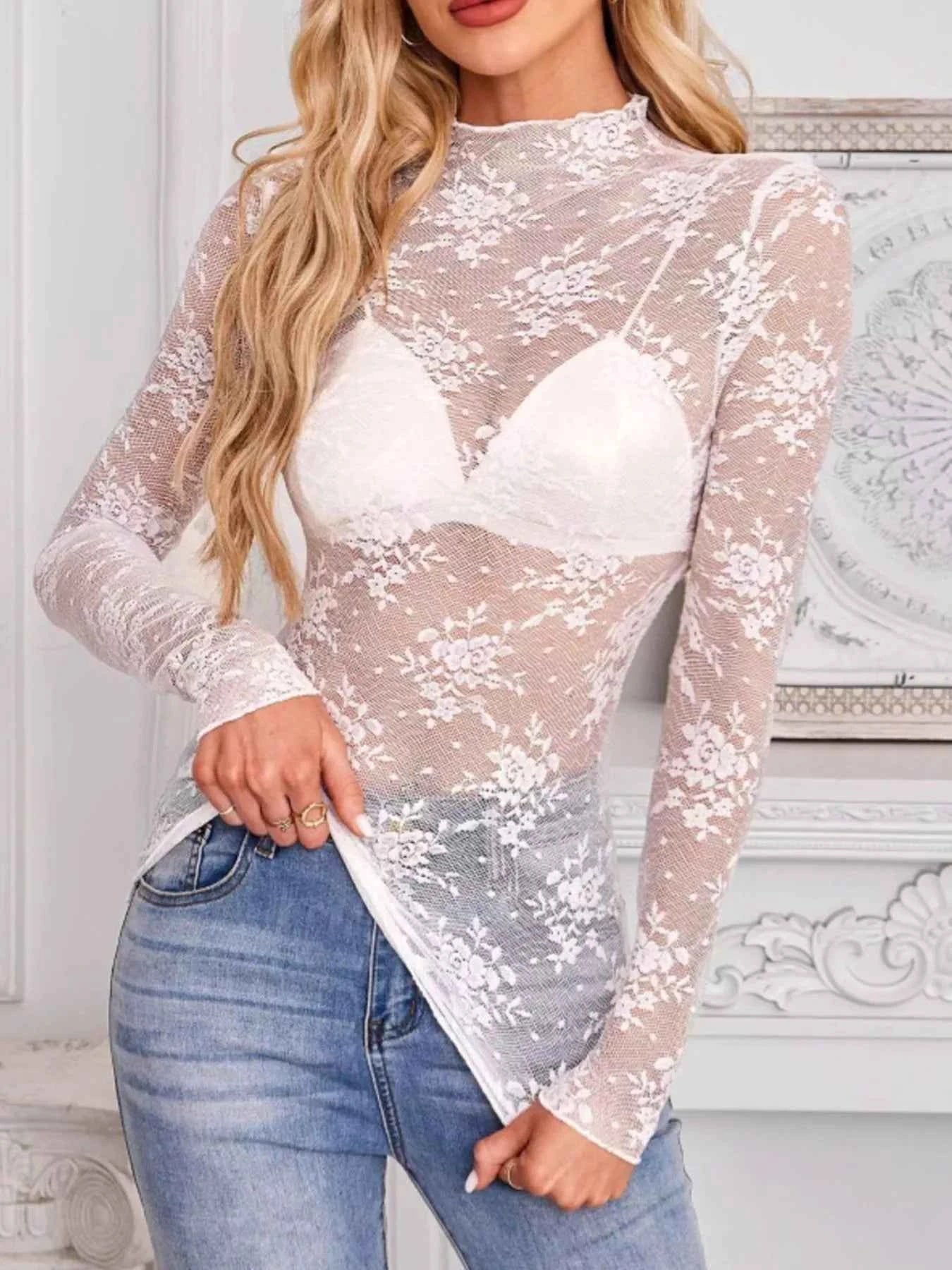 Sheer Lace Blouse - Long Sleeve Mock Neck Top - Fashions Envy