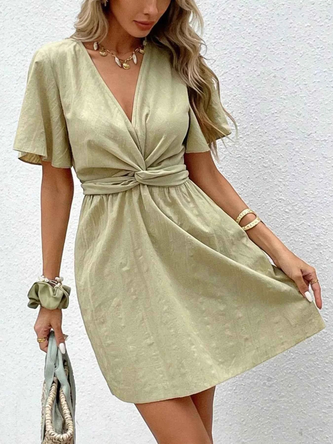 Twist Waist Flutter Sleeve Mini Dress