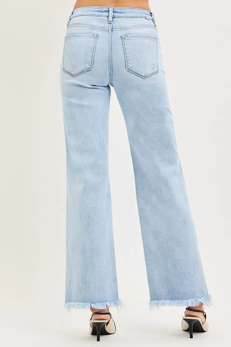 RISEN Ankle Straight Jeans - Tummy Control Mid Rise Fray Hem - Fashions Envy