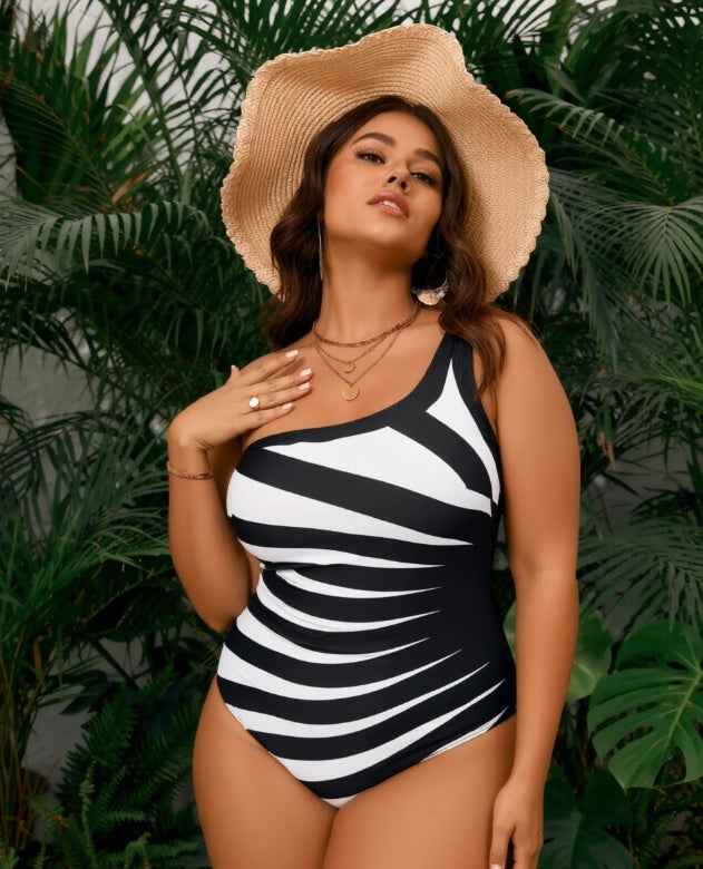 Striped Plus Size One Piece Swimsuit - Scoop Neck Sleeveless