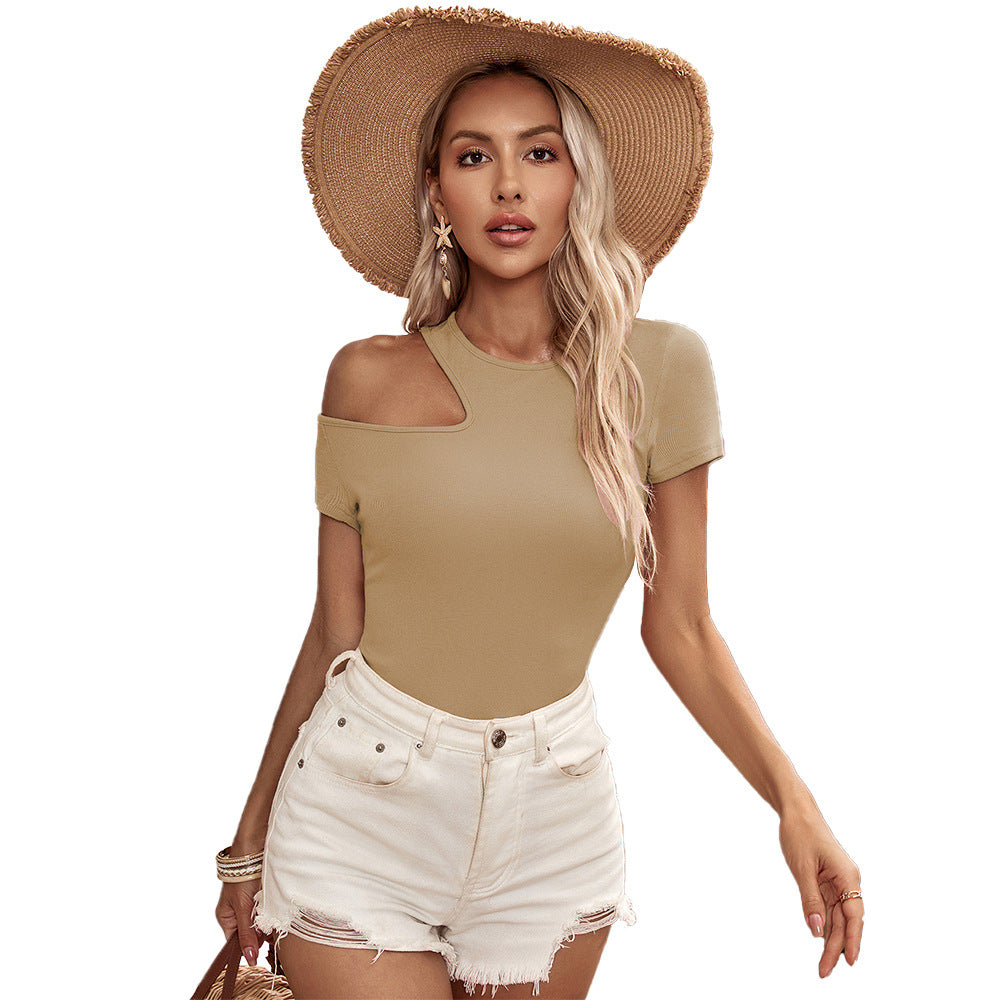 Cutout Shoulder Top - Short Sleeve Slim Fit Tee