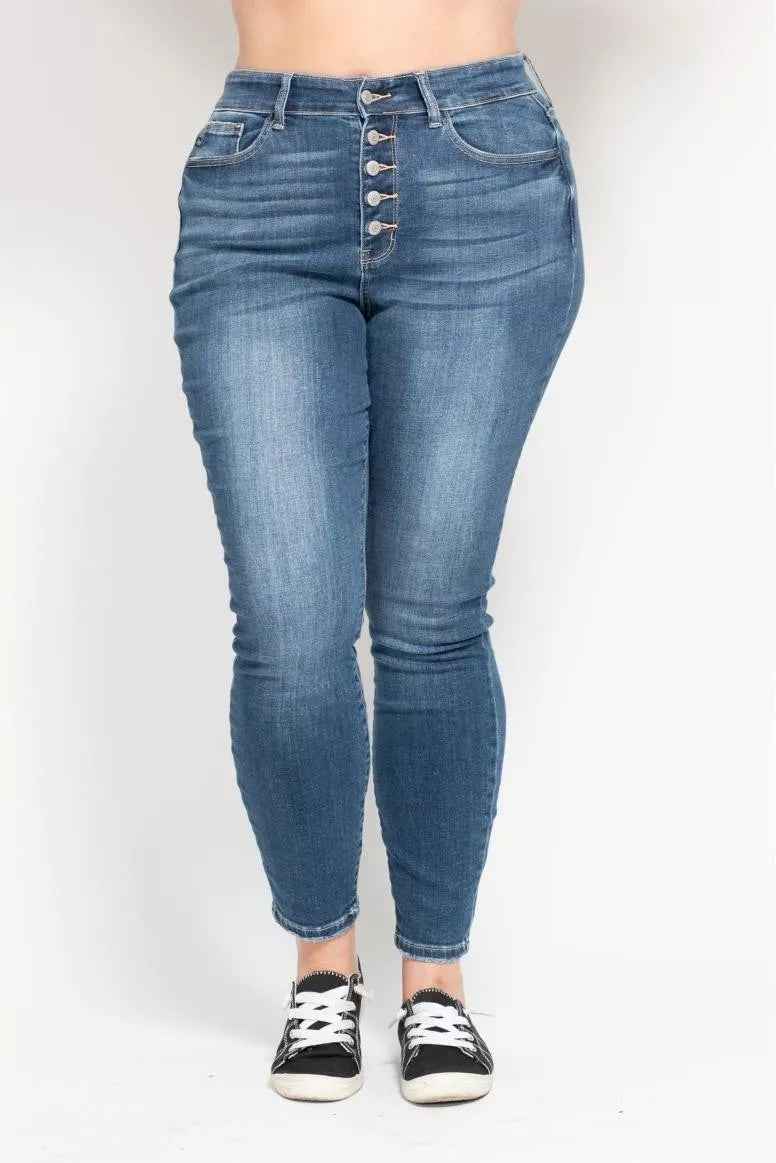 Judy Blue Full Size High Rise Button Fly Skinny Jeans Plus Size - Fashions Envy
