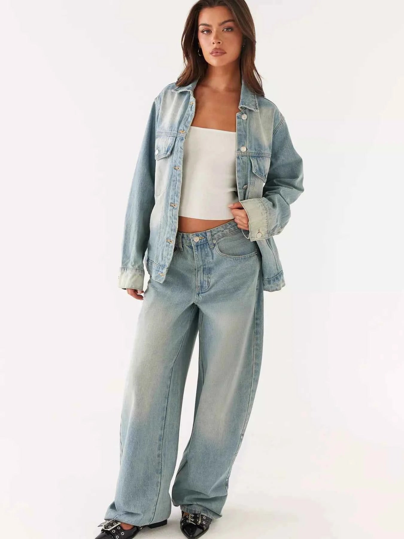 Button Up Denim Jacket and Jeans Set