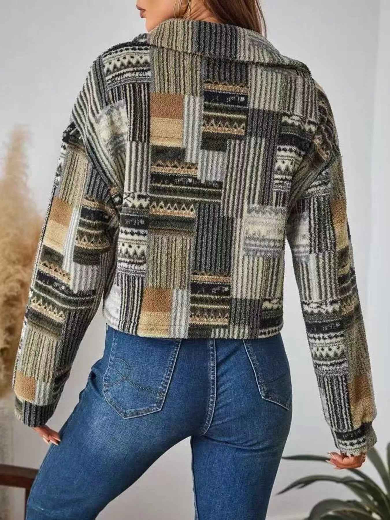 Patchwork Knit Cardigan - Cropped Button-Up Jacket - Fashions Envy