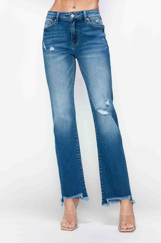 Full Size Raw Hem Distressed Mid Rise Straight Medium Blue Jeans