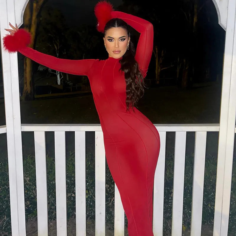 Red Feather Trim Prom Dress - Long Sleeve Maxi Gown