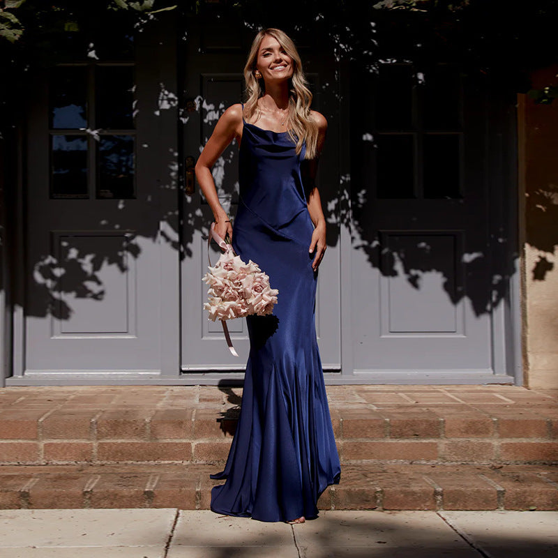 Satin Evening Dress - Backless Halter Maxi - Fashions Envy