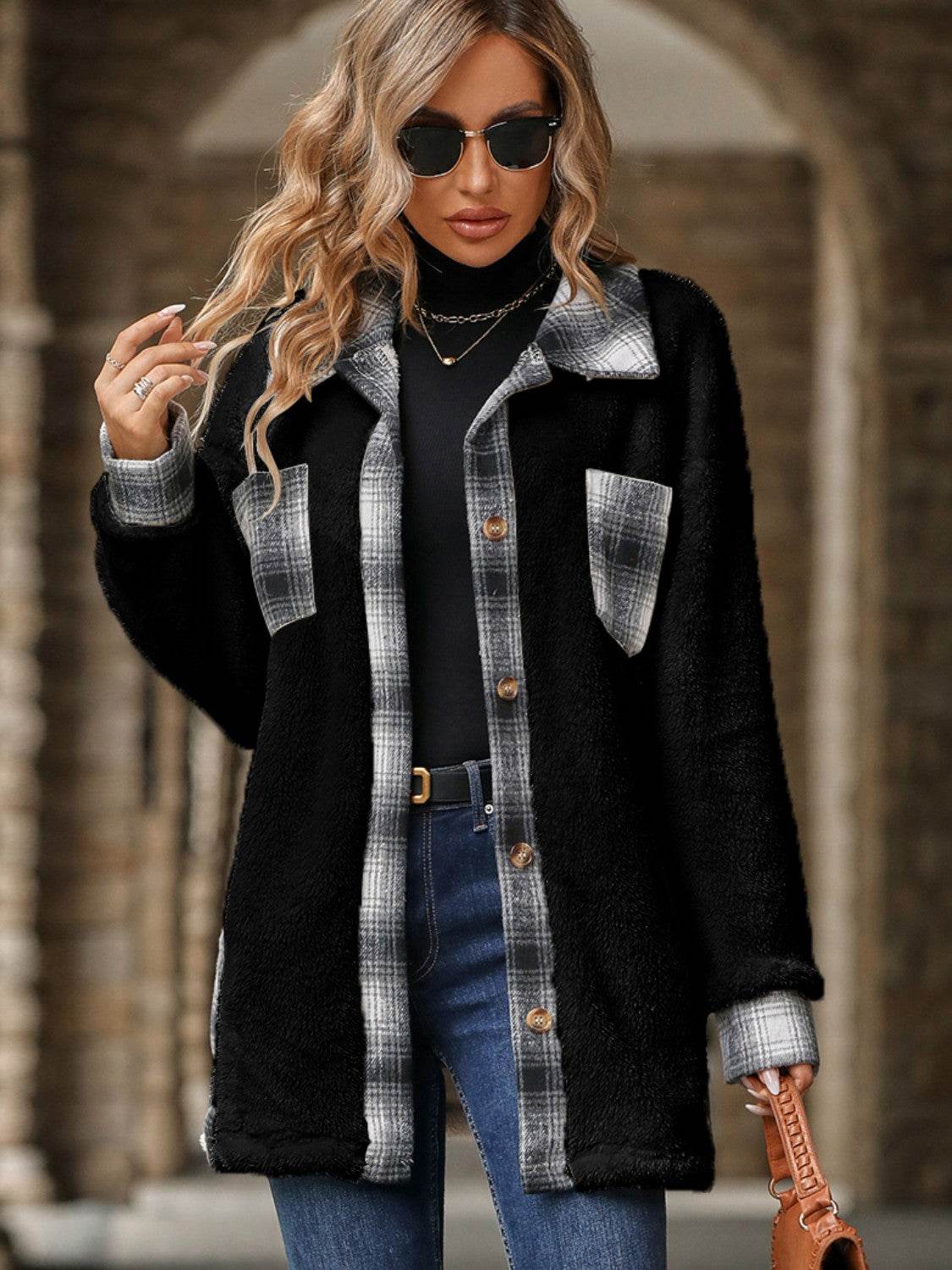 Plaid Contrast Dropped Shoulder Coat - Fashions Envy