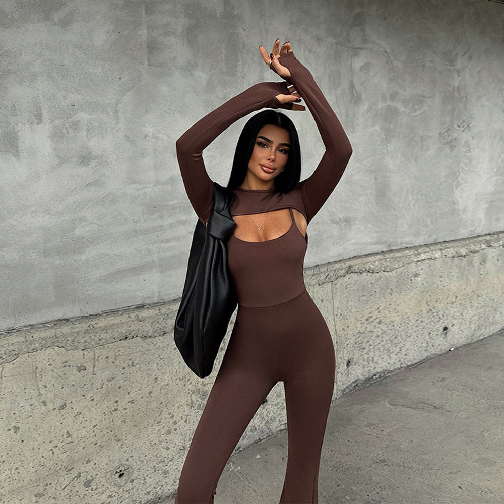 Long Sleeve Jumpsuit Set - Round Neck Tight Two-Piece